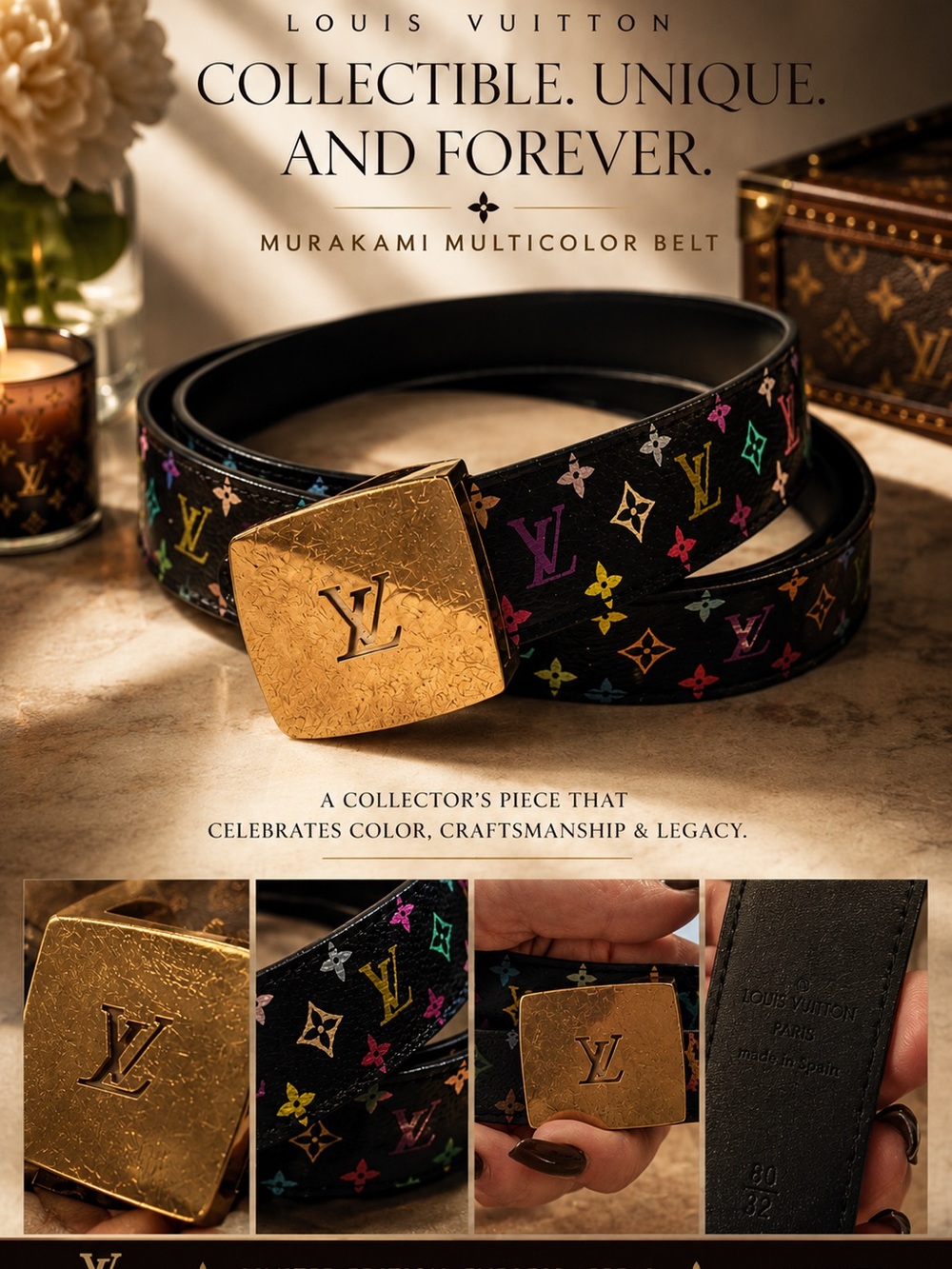 Authentic Louis Vuitton Black Murakami Monogram Belt with Gold 80/32